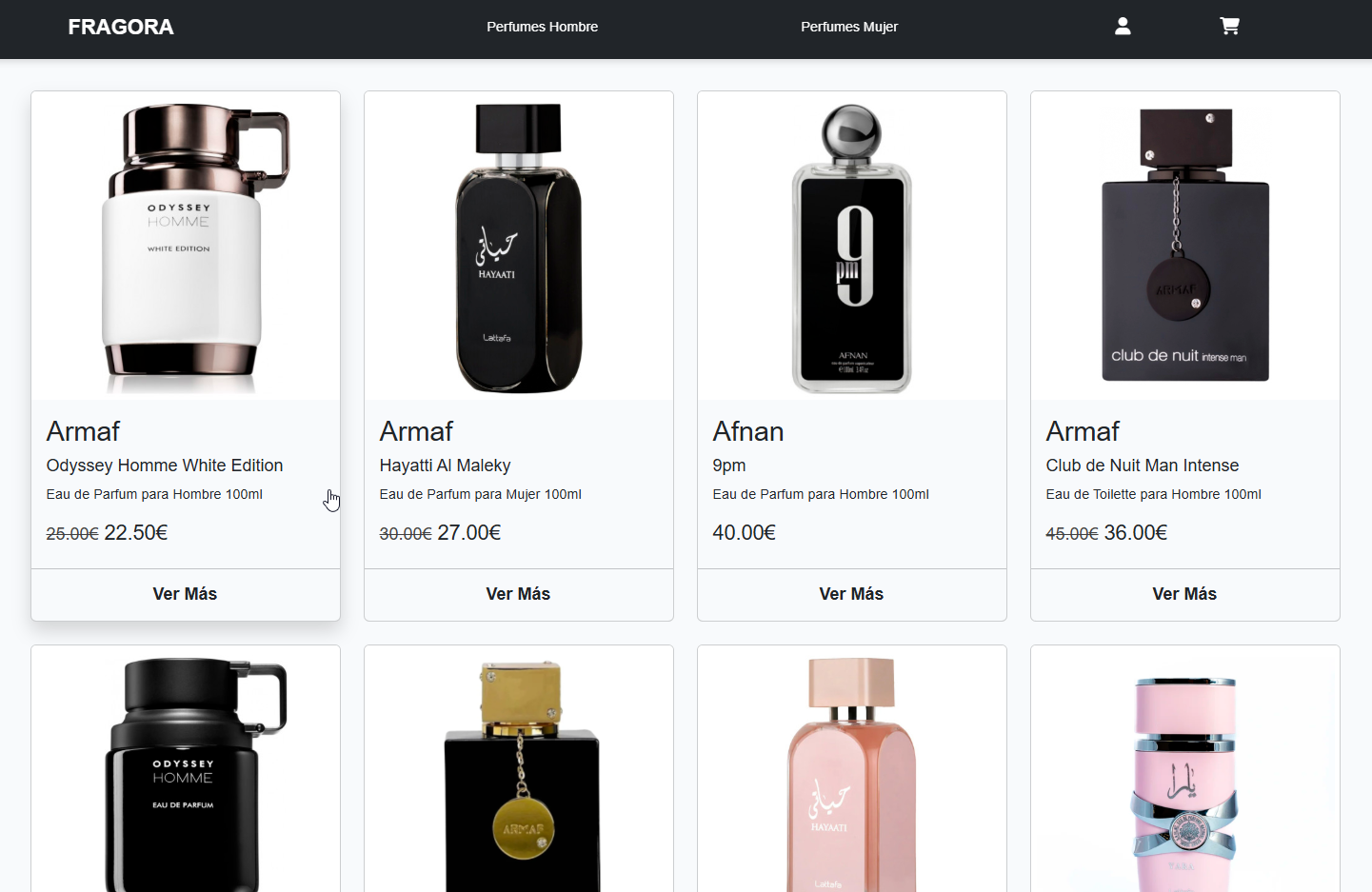 Captura de pantalla de la tienda online Fragora